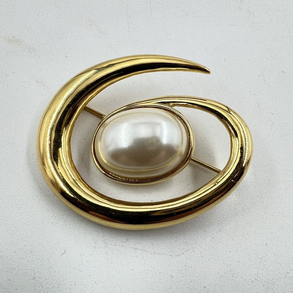 Monet Spiral Galaxy Faux Pearl Gold Tone Pin Brooch Vintage Signed 90s
